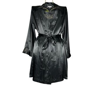 Morgan Taylor Intimates Black Satin Robe / Nightgown Set w/ Gold Embroidery Sz L